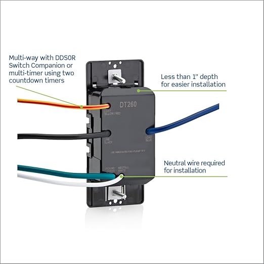 Leviton Countdown Switch for bathroom household lights, 10-20-30-60 min, Neutral Wire Required, 20A, 1HP/16A Fan/Motor, Single Pole, Multi-Way or Multi-Timer, DT260-1LW, White