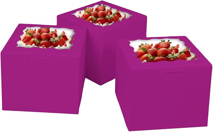 Bakepacker 36pcs 6x6x5 Inches Cake Boxes with Window 18-Packs Deep Purple 6 Inch Bakery Boxes (18 Cake Boxes +18 Cake Boards Included)