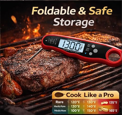 Digital Instant Read Meat Thermometer for Cooking, Fast Accurate Food Thermometer with Backlit Display and Stainless Steel Probe, Perfect for BBQ, Grill, Kitchen, Steak, Turkey, Chicken, and Baking