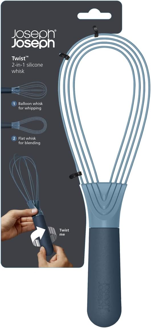 Joseph Joseph 981000 Twist Whisk 2-In-1 Collapsible Balloon and Flat Whisk Silicone Coated Steel Wire, Sky & 98999 Nest Measure Measuring Cup Set, Sky Blue
