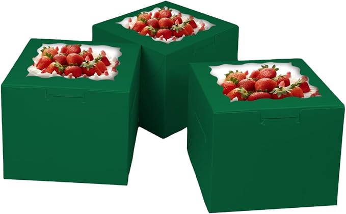 Bakepacker Deep Green 8x8x5 Inches 36pcs Cake Boxes with Window 18-Packs Deep Green 8 Inch Bakery Boxes (18 Cake Boxes +18 Cake Boards Included)