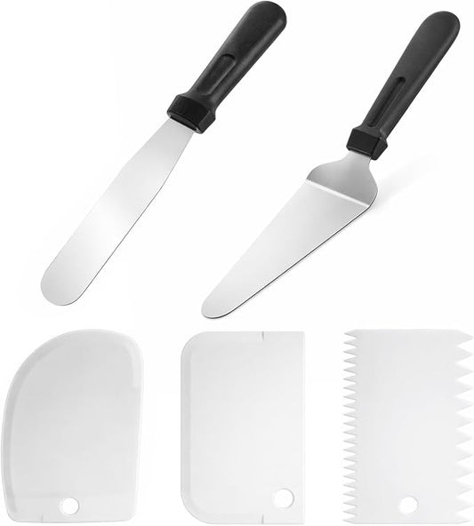 2 Pcs Offset Spatula for Cake Decorating and 3 Pcs Icing Smoother, 10” Stainless Steel Frosting Straight Angled Spatulas Cake Frosting Spatula for Cakes Decorating, Baking Beginners and Pros, White