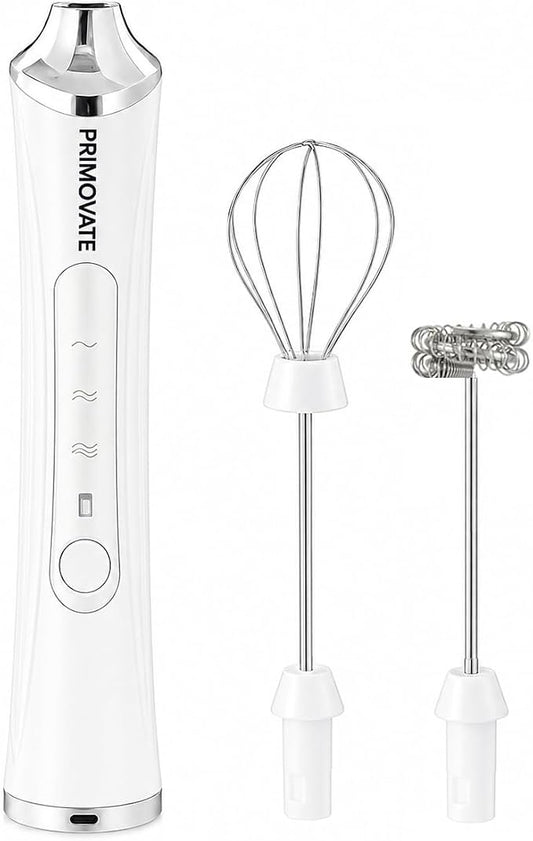 Rechargeable Milk Frother Handheld, Electric Coffee Frother with 2 Whisk, 3-Speed Powerful Drink Mixer, USB-C, Milk Foamer for Coffee, Latte, Cappuccino,Matcha & HotChocolate(White no Stand)