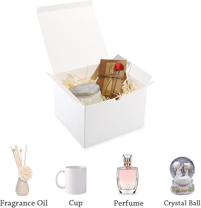 Frantis 15 Pack White Gift Boxes with Lids, 6x6x6 Inch Gift Boxes for Treats, Candles, Mugs, Weddings, Christmas, Bridesmaid Proposals & Small Business Packaging, Includes Thank You Stickers