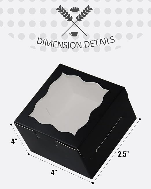 qiqee Black Bakery Boxes with Window 4*4*2.5inch/100Packs Mini Cookie Boxes Macaron boxes Small Donut Pastry Boxes for Party (5 Diferent Gift Include)
