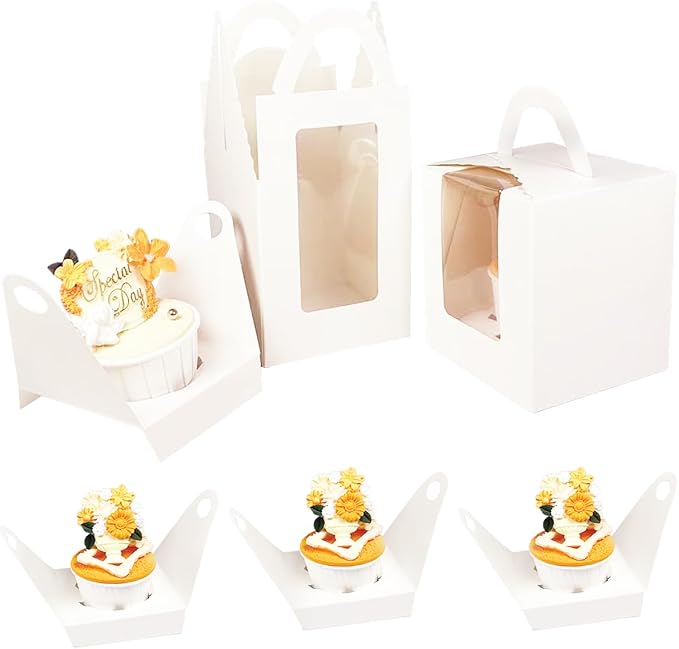 Bakepacker Individual Cupcake Boxes with Window 100 Count White Single Cupcakes Box 3.6"X3.6"X4.3" Cupcake Carrier