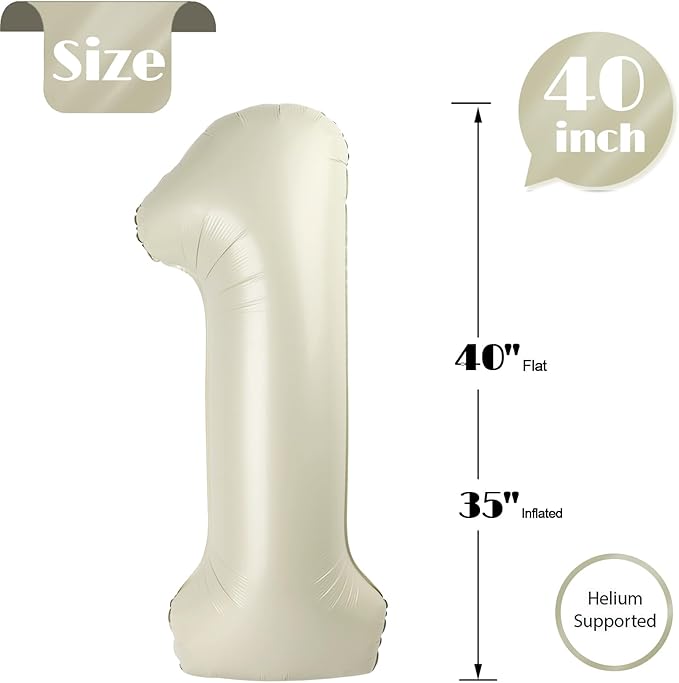 40 Inch Cream 1 Balloon for First Birthday, 1st Number Balloons Cream Birthday Decorations for Girl Boy Kids Toddler Baby, One Giant Number 1 Balloon