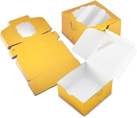 NPLUX 50pcs Cookie Boxes with Window Bakery Boxes Small Treat Boxes Mini Pie Boxes Pastry Boxes 4x4x2.5, Graduation Gifts Party Favors(Gold)