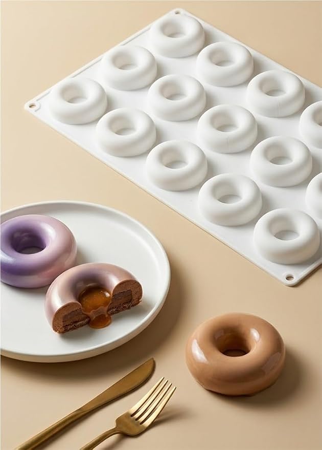 15 Cavity Mini Donut Ring Silicone Mousse Cake Mold, Round Hollow Circle Baking Mold, Non-Stick Food Grade Silicone Tray for Chocolate, Mousse, Ice Cream, Pudding, Dessert Pastry(Black)