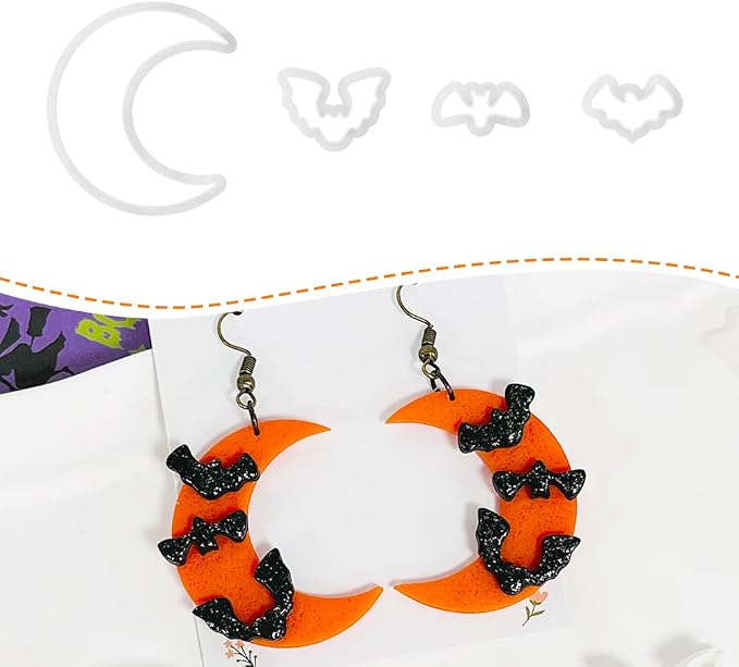 Xaekicr Halloween Moon Bat Polymer Clay Cutters Set – 4pcs Clay Earring Cutters for DIY Polymer Clay Jewelry Making, Clay Tools and Molds for Earrings