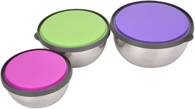 3 Piece Stainless Steel Mixing Bowls Set with Sealing Lids Nested Food Storage Containers 12 14 16 Cm for Cooking Baking Prepping Camping Home Office Lunch