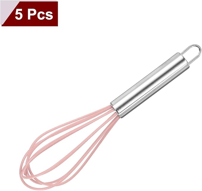 HARFINGTON 5Pcs Silicone Whisk 8" Kitchen Whisk Wire Whisks Beater with Stainless Steel Handle for Egg Milk Whisking Blending Beating & Stirring, Pink