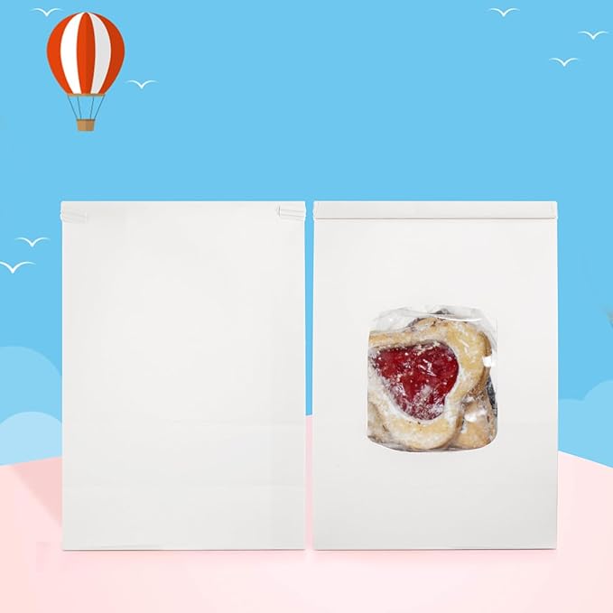 Okllen 100Pcs Bakery Bags with Window, 6x3x9 Inches White Tin Tie Tab Lock Kraft Paper Bags for Cookies, Coffee Beans
