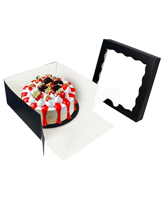 qiqee 12x12x6 Cake Box, 18 Sets Black Cake Box with Window ＆ 18 Sets 12" Cake Round Boards, 12inch Cake Containers, 10 Meters Silk Ribbon