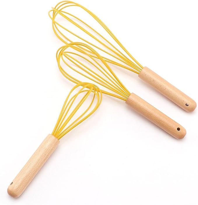 3 Pcs Silicone Whisks With Wooden, Non Scratch Coated Whisks, Balloon Whisk Egg Beater For Cooking, Blending, Whisking, Beating, Stirring