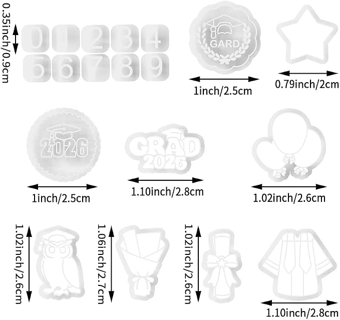 Graduation Polymer Clay Cutters & Stamps Set - 19pcs 0-9 Numbers, GARD/2026 Seals, Owl, Cap, Gown, Balloon for DIY Earring Jewelry, Soft Clay Crafts & Class Party Supplies