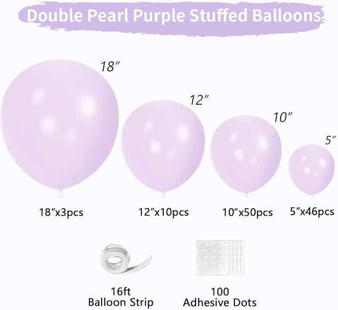 Double Pearl Purple Stuffed Balloons Different Size 115Pcs 5/10/12/18" Light Purple Balloon Arch Kit for Princess Birthday Baby Shower Bridal Shower Engagement Ocean Sea Frozen Theme Party