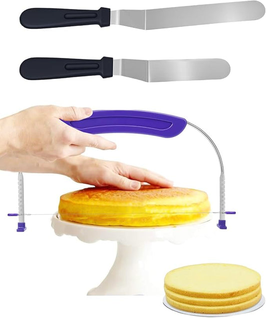1PCS Purple Adjustable Food Grade Stainless Steel Cake Cutter Slicer Leveler with 2PCS Offset Spatula, Icing Spatulas, 6 and 8 inch, Professional Angled Cake Spatula for Kitchen or Bakery