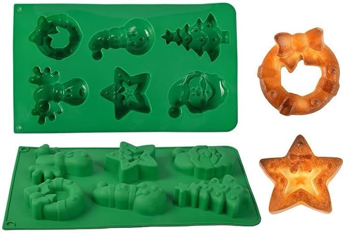 6 Cavities Silicone Cookies Biscuit Mold, Christmas Halloween Candy Mold, Reusable DIY Baking Mold Jelly Chocolate Mold, Ice Cube Tray Wax Melt Molds(Set of 2 Green Star and Elk)