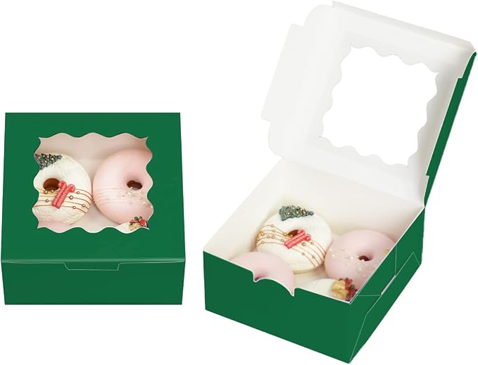 Bakepacker 60pcs Deep Green Cookie Boxes 6x6x3 inches Easy Assemble Macaroon Pastry Boxes Bakery Boxes with Window for Bakery