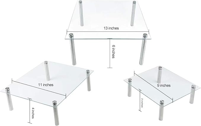 3 Pcs Square Tempered Glass Cake Stands Set 8 10 13 Inch Cupcake Display Stand Plate for Dessert Table Serving Platter