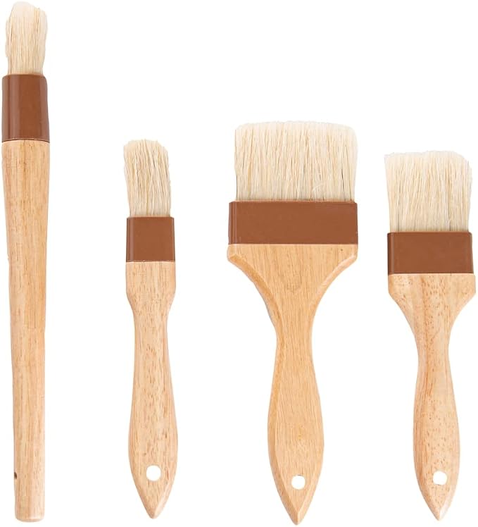 Pastry Tek Natural Wood Pastry / Basting Brush 4-Piece Set - with Boar Bristles - 1 count box