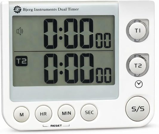 Bjerg Instruments Dual Digital Kitchen Timer – Count Up & Countdown Timer with Large LCD Display, Magnetic Back, Loud Alarm, Stand-Up Design (White)