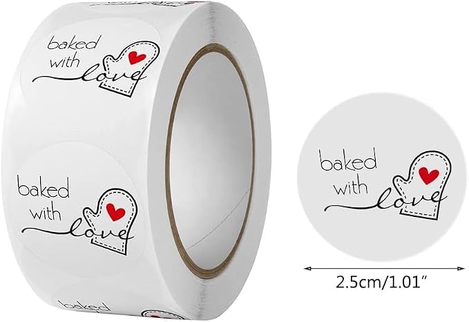JJLFresheners 500Pcs/Roll White Baked with Love Adhesive Stickers, Round Baking Stickers, Bakery Bags Candle Packaging Sticker Labels