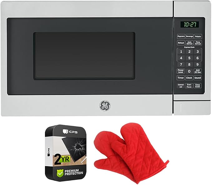 GE GCST07N1WSS Countertop Microwave Oven 700-watt Compact 0.7 Cu Ft Stainless Steel Bundle with 2 YR CPS Enhanced Protection Pack and Deco Chef Pair of Red Heat Resistant Oven Mitt