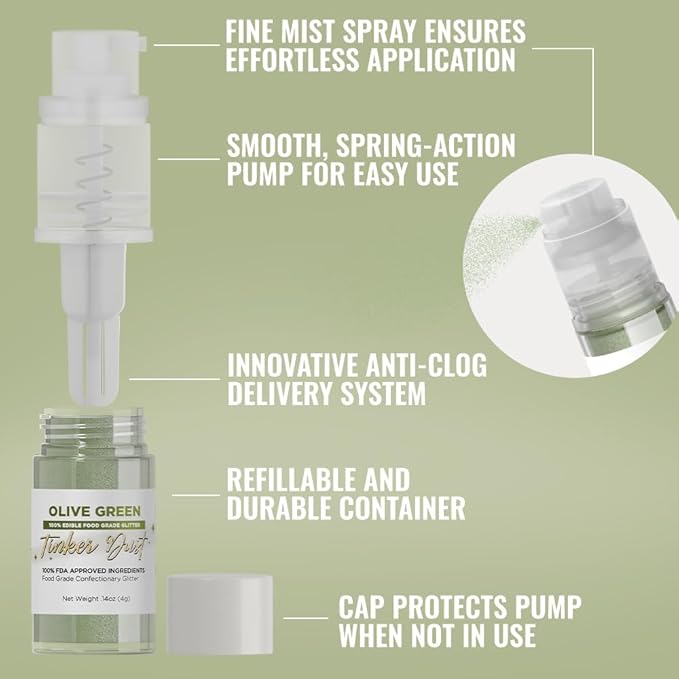 Bakell - Olive Green Tinker Dust (4g, 1x Mini Spray Pump) Edible Glitter for Food, Desserts, and Baked goods!