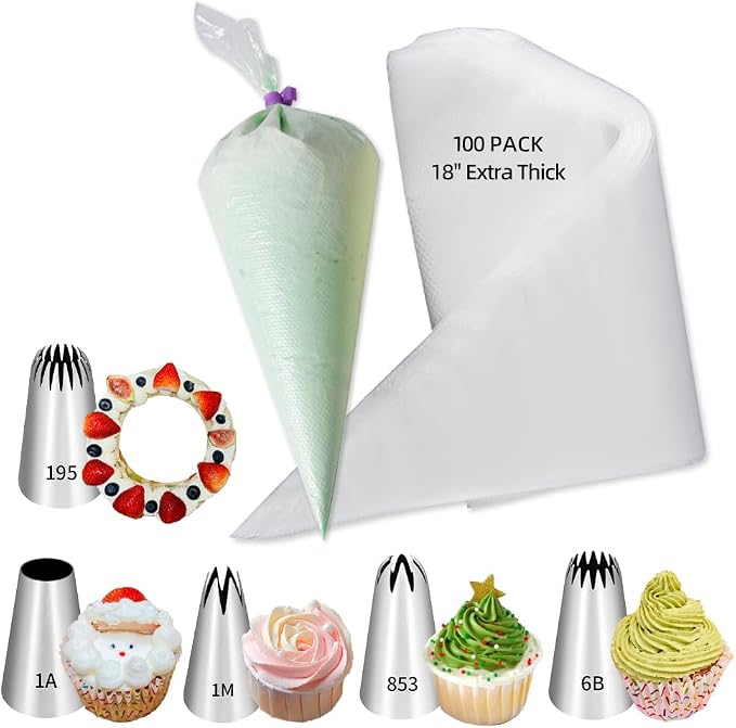 18 Inch Large Piping Bags and Tips Set,100PCS Extra large piping bags Disposable with 5 Piping Tips(Round Tip/Open Tip/Closed Star Tip/Drop Flower Tip/French Star Tip for Cupcakes,Cookie,Cake decor