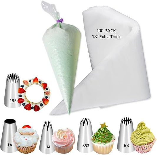 18 Inch Large Piping Bags and Tips Set,100PCS Extra large piping bags Disposable with 5 Piping Tips(Round Tip/Open Tip/Closed Star Tip/Drop Flower Tip/French Star Tip for Cupcakes,Cookie,Cake decor