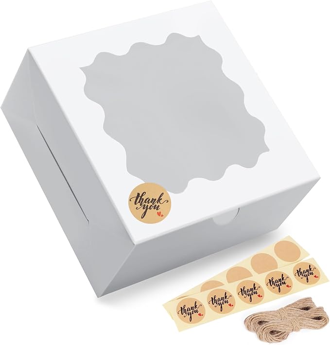 Eupako 6x6x3-Small-Cakes-Boxes - Bakery-Boxes-with-Window-White-Cookie-Boxes-Kraft-Treat-Boxes-Charcuterie-Box for Pastry, Cupcakes, Pie, Donuts