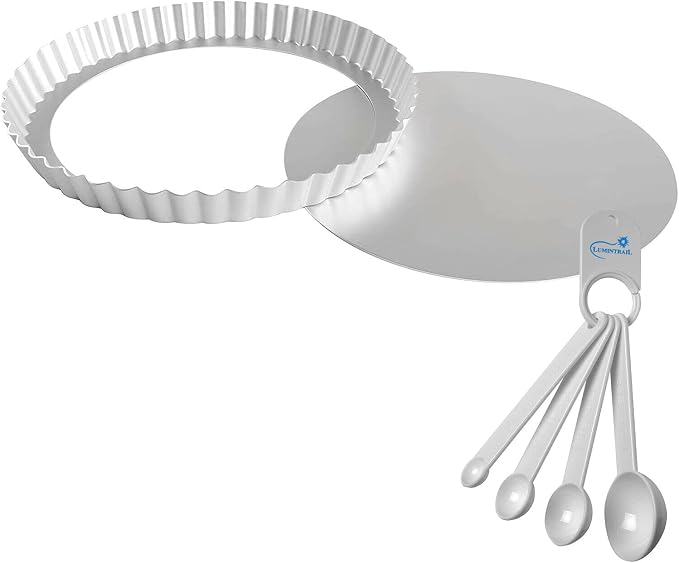 Lumintrail Fat Daddios Anodized Aluminum Fluted Tart Pan, 9.5 Inches by 1 Inch, with a Measuring Spoon Set