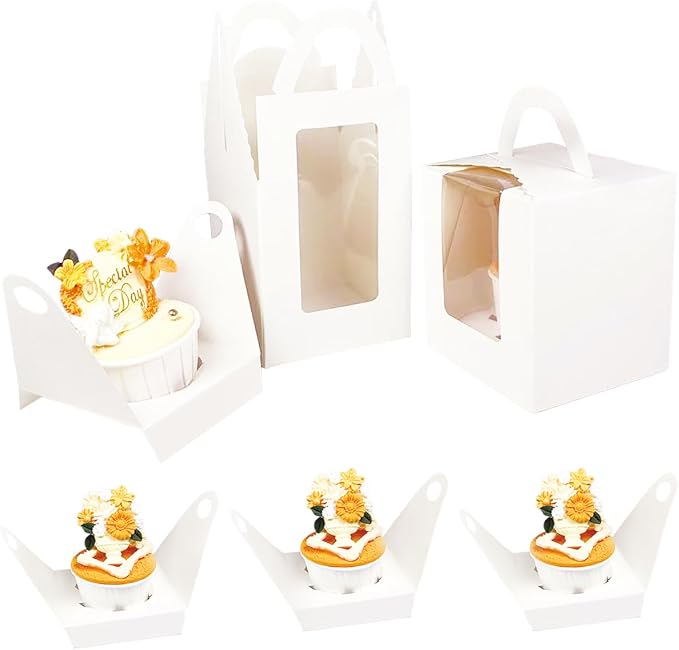 Bakepacker Individual Cupcake Boxes with Window 60 Count White Single Cupcakes Box 3.6 X 3.6 X 4.3inch Cupcake Carrier
