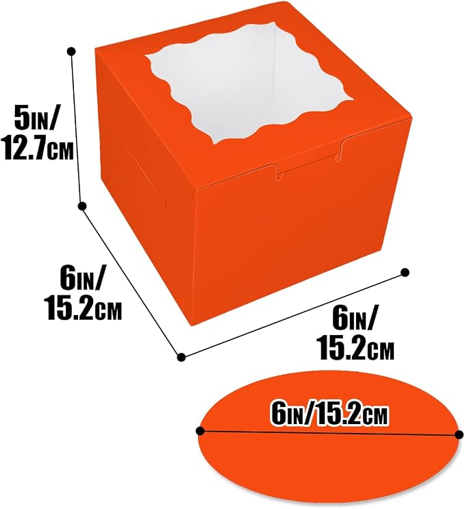 Bakepacker 36pcs 6x6x5 Inches Cake Boxes with Window 18-Packs Orange 6 Inch Bakery Boxes (18 Cake Boxes +18 Cake Boards Included)