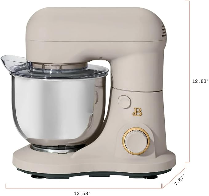 Beautiful 3.5Qt Stand Mixer by Gourmias, Tilt-Head Electric Mixer with 12 Speeds, Stainless Steel Bowl, Compact Kitchen Mixer for Baking, Dough, Whipping and Mixing (Porcini Taupe)
