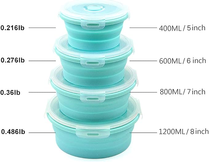 URBEST Collapsible Bowls, Silicone Food Storage Containers with Lids for Camping, Set of 4 Round Silicone Lunch Containers, Microwave and Freezer Safe (Pink, 4) (Blue)