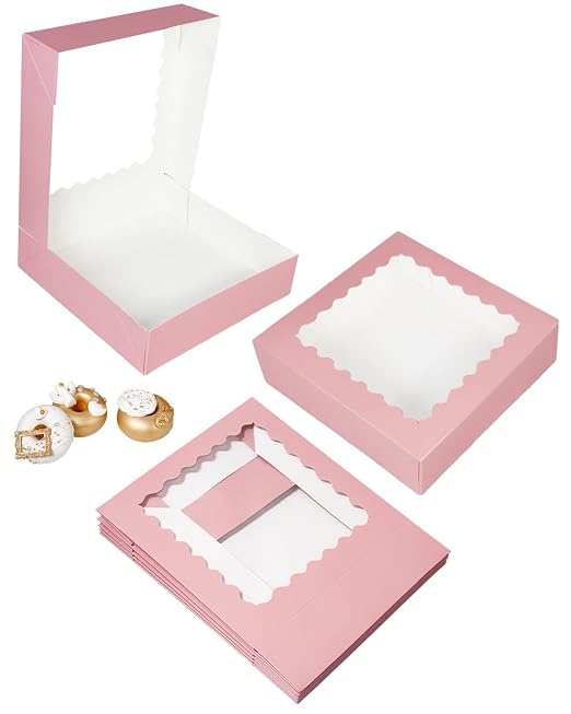 Bakepacker 55pcs Pink Pie Boxes 8x8x2.5 inches Easy Assemble Macaroon Cookie Boxes Bakery Boxes with Window for Bakery (Auto-pop Up)