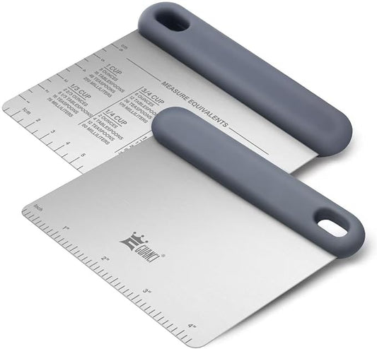 Bench Scraper for Kitchen Set of 2, Springy Stainless Steel Dough Scraper, Multipurpose Pastry Scraper Tools for Pizza Bread Frosting Cakes, Platinum Silicone Handle Measuring Scale & Conversion Chart