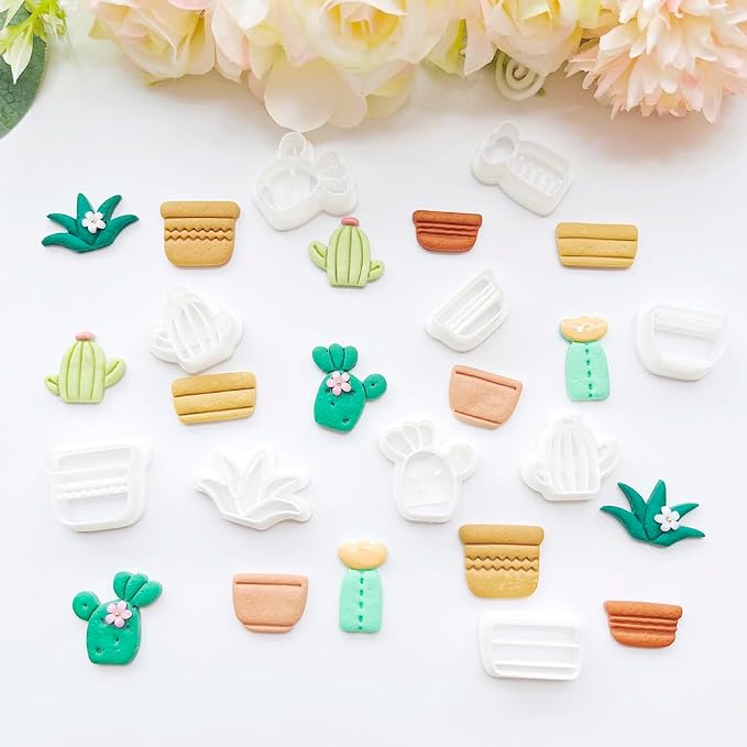 Cute Cactus Polymer Clay Cutters Set - 10pcs Cartoon Succulent Plant & Flower Pot Shapes for DIY Earring Jewelry Making, Soft Clay Crafts, Scrapbooking & Miniature Decor
