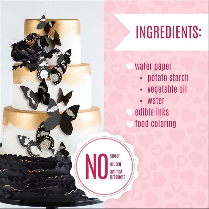 Sugar Robot Inc. Edible Butterflies Assorted Size Premium Crafted Made in the USA - Cake and Cupcake Toppers, Decoration (Black)