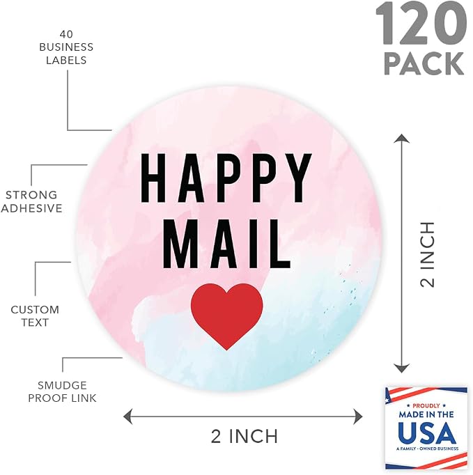 Andaz Press Round Small Business Labels, 120-Pack, Watercolor Happy Mail, Red Heart, Packaging & Product Labels for Small Business Thank You & Company Stickers