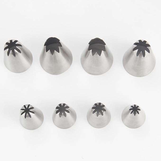 8Pcs Cookie Piping Tip Set, Stainless Steel 8-Tooth Icing Nozzles for Cake Decorating, Ideal for Cookies, Cupcakes, and Creative Frosting Designs, Includes 5 Medium and 3 Large Baking Tools