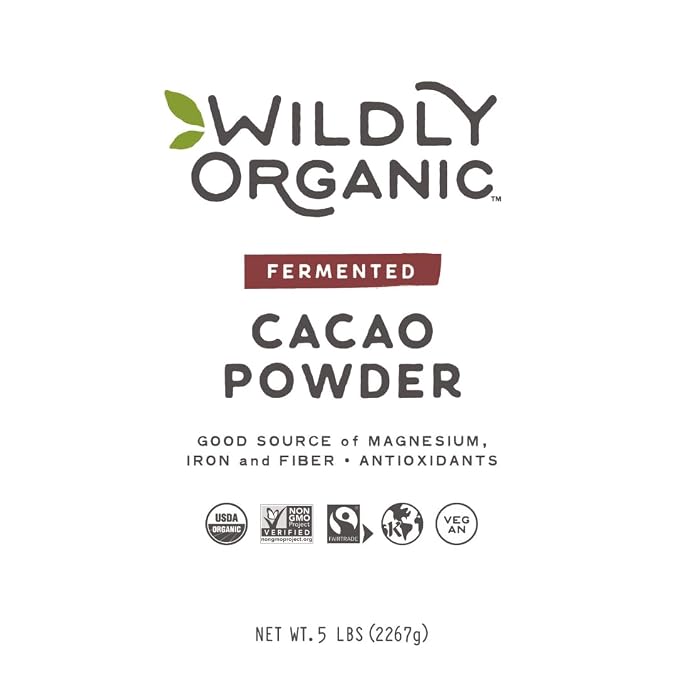 Wildly Organic Fermented Cacao Powder 80 Oz, 5 lb Bag - Organic, Non-Alkalized, Minimally Processed, High in Antioxidants, Raw, Fair Trade, Non-GMO, Kosher, Vegan, Premium Rich Chocolate Flavor - Perfect for Skin, Smoothies, Yogurt, Oatmeal, Chocolate,...