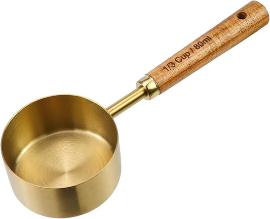 1/3 Cup Measuring Cup with Wooden Handle, 80ml Stainless Steel Measuring Scoop 1/3 Cup Measuring Cups for Baking Cooking Wet and Dry Ingredients (80ml)