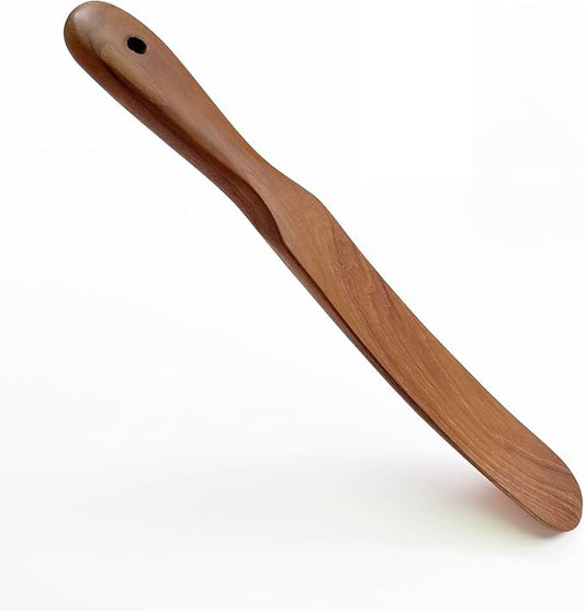 FAAY Teak Wooden Skinny Spurtle Spatula for Sourdough Starter & Jars | Slim angled tip reaches jar bottoms and pan corners; ergonomic teak handle, no lacquer, coconut oil finish, nonstick-safe.