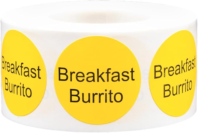 Yellow with Black Breakfast Burrito Circle Dot Adhesive Stickers, 1 Inch Round Labels, 500 Total Stickers