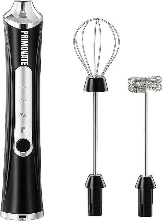 Rechargeable Milk Frother Handheld, Electric Coffee Frother with 2 Whisk, 3-Speed Powerful Drink Mixer, USB-C, Milk Foamer for Coffee,Latte,Cappuccino,Matcha & HotChocolate(Black no Stand)
