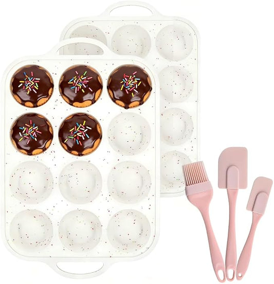 Silicone Muffin Pan, Non-Stick Cupcake Baking Tray, 12-Cup Muffin Tin for Baking with Silicone Basting Pastry Brush Set, Dishwasher Safe Mold for Cupcakes, Muffins, Cakes, 2 Pack